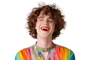 Portrait shot of Young joyful Gay man with colorful lgbt dress isolated on transparent background, Gay transgender smile and posing with trendy lifestyle.