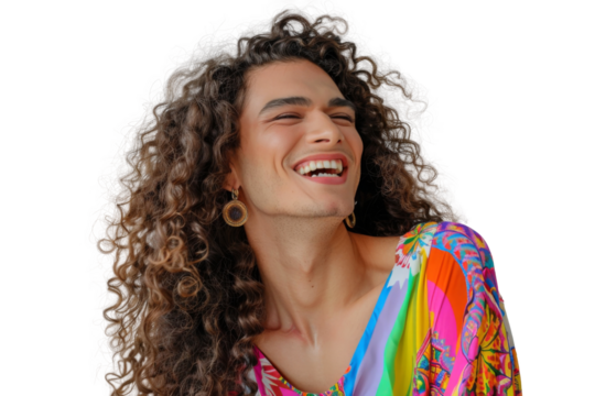 Portrait shot of Young joyful Gay man with colorful lgbt dress isolated on transparent background, Gay transgender smile and posing with trendy lifestyle.