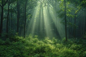 Shafts of light pierce the canopy of a dense forest, illuminating the undergrowth in a verdant glade. - obrazy, fototapety, plakaty
