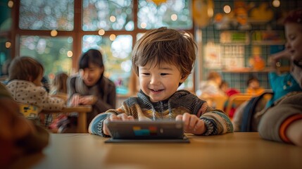 Smiling Asian Boy Using Tablet in Classroom.