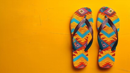 Sandals adorned with a vibrant pattern set against a sunny yellow backdrop
