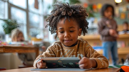 Black Boy Using Tablet in Classroom.
