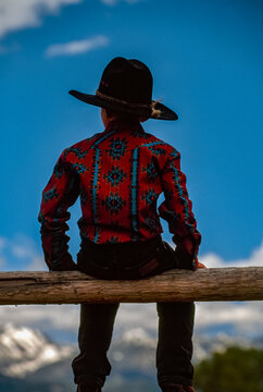 Rear view of a boy in a cowboy hat sitting on a post; Montana, United States of America