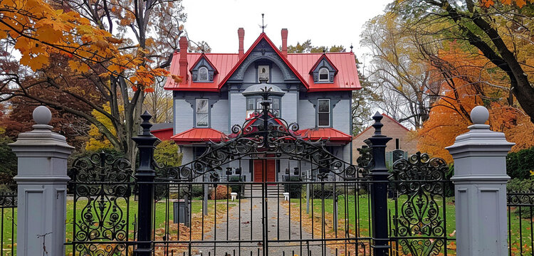 The crisp air of a clear day highlights a 2-story 19th-century house in Tremont, its dove gray walls and ruby red gable roof standing vibrant behind an elegant wrought iron gate