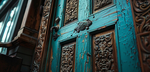 The detailed wooden door of a Turn of the Century Tudor Craftsman house, showcasing intricate...