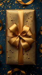 Gift box in gold craft wrapping paper and gold satin ribbon on gold background.