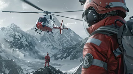 Foto op Plexiglas A red and white helicopter flew over the summit of Everest, led by an ambulance wearing high-tech mountaineering gear. A member of the rescue team was seen from behind, looking up at him. © Светлана Канунникова