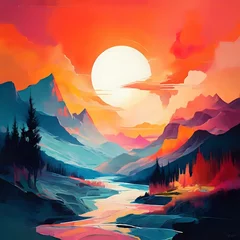 Papier Peint photo Rouge Sunset Serenity: A Tranquil River’s Journey Through Nature’s Canvas
