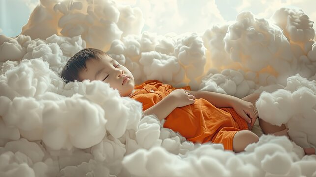 A little boy lies on the clouds, wearing an orange shirt and sleeping happily in a cotton cloud, photograph style, with soft lighting. The white background creates a dreamy atmosphere.