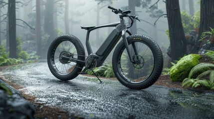 Fototapeta na wymiar A matte black electric mountain bike with large front wheels is parked on a road in a foggy forest. Intricate patterns of intertwined tree bark and lush green trees covered in moss.