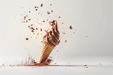 chocolate ice cream waffle cone on white, ice cream cone 