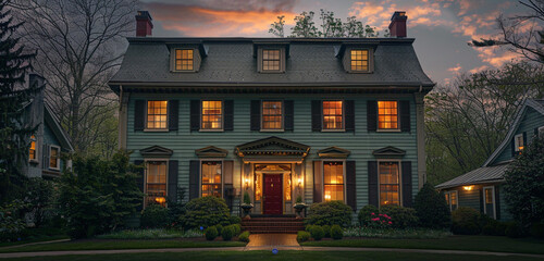 The facade of a Cleveland Colonial Revival house at dusk, illuminated by exterior lights,...