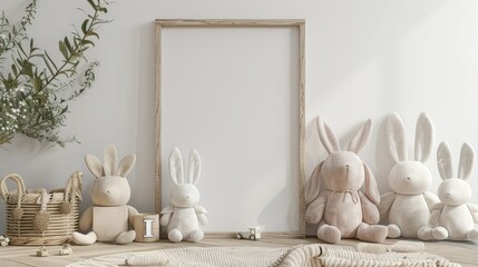 mockup in a wooden frame on the wall, in front of it are some cute children's toys, such as bunnies and other stuffed animals, in light beige tones. - Powered by Adobe