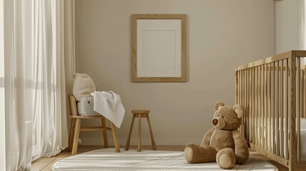 Small wooden stool with a teddy bear in the nursery. Next to him is an empty wall-mounted photo frame. White walls and light wood furniture are decorated in a minimalist style.