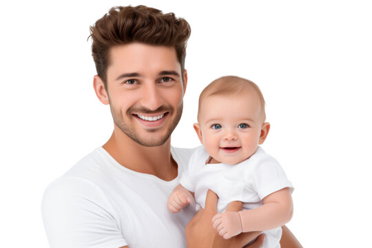 Portrait of Father holding baby with his arms isolated on transparent png background, Dad and baby moment, cute and adorable little infant.