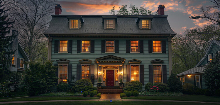 The facade of a Cleveland Colonial Revival house at dusk, illuminated by exterior lights, showcasing a mint green exterior with dark chocolate brown shutters and a ruby red front door.