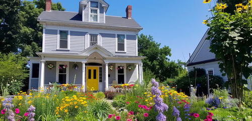 The front exterior of a light gray Colonial Revival house in Cleveland under a clear blue sky, accented with white trim and pastel yellow doors, amidst a colorful flower garden