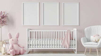 Fototapeta na wymiar white baby room with three empty photo frames on the wall, soft pink accents, white crib and chair, minimalist decor.