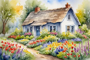 Foto auf Acrylglas Antireflex A cozy watercolor cottage surrounded by spring flowers, offering a sense of home, warmth, and the rejuvenation of nature © Giuseppe Cammino