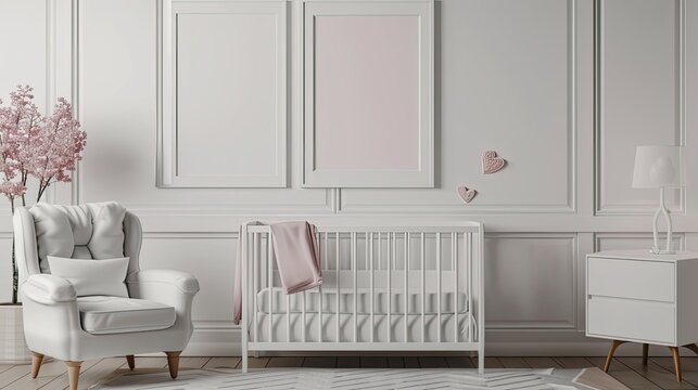 white baby room with three empty photo frames on the wall, soft pink accents, white crib and chair, minimalist decor.