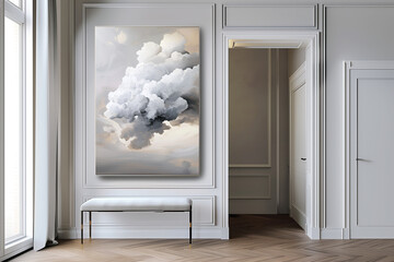 A beautiful painting of clouds hanging on a wall in an empty room, depicting a modern interior design with white walls and a light gray wood floor and door frame, a white bench sits at the front desk.