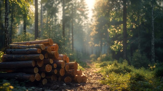 Sunlit logs piled in a serene forest clearing, surrounded by towering pines