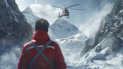A red and white helicopter flew over the summit of Everest, led by an ambulance wearing high-tech mountaineering gear. A member of the rescue team was seen from behind, looking up at him. - obrazy, fototapety, plakaty
