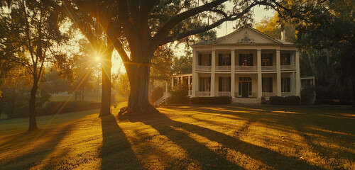 The golden hour casts elongated shadows and a warm amber light on an early 20th-century white clapboard colonial mansion, with mature oaks adding depth to the scene - obrazy, fototapety, plakaty
