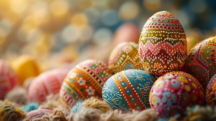 Colorful eggs boasting intricate patterns, heralding the arrival of Easter - obrazy, fototapety, plakaty