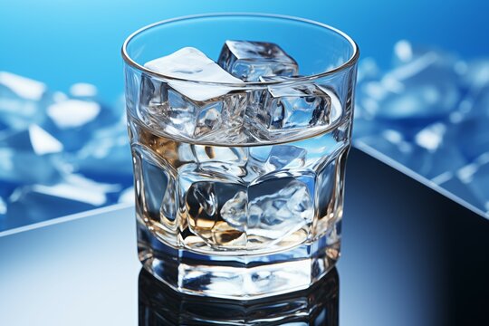 water in a clear glass with ice on soft blue and white background in fresh design