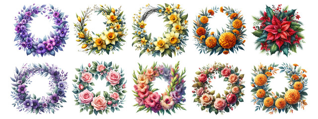 Watercolor birth month flowers on white background.