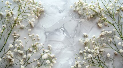 Feminine wedding desktop with baby's breath Gypsophila flowers.