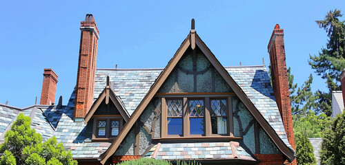 The intricate roofline and chimney of a Tudor Craftsman house captured under the clear blue sky of Lakewood, with the roof tiles recolored to a soft mint green