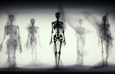 Halloween background with skeletons ghosts. Abstract black silhouettes of human skeletons surrounded dark smoke. 