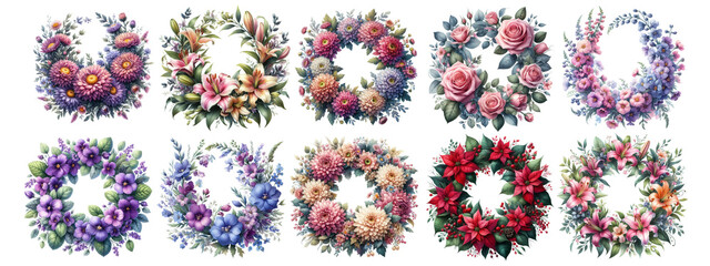 Watercolor birth month flowers on white background.