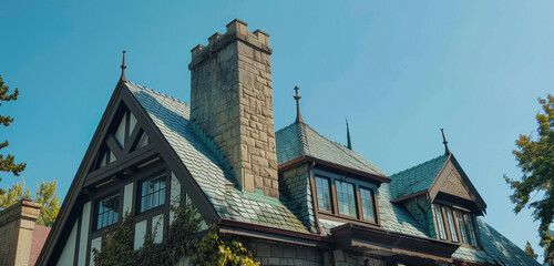 Fototapeta na wymiar The intricate roofline and chimney of a Tudor Craftsman house captured under the clear blue sky of Lakewood, with the roof tiles recolored to a soft mint green