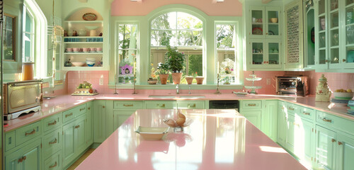 The kitchen interior of a Cleveland house in Colonial Revival style, featuring cabinets painted in pastel green and countertops in a striking shade of pink, with natural light flooding in. - obrazy, fototapety, plakaty