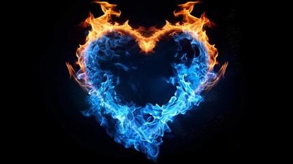Fire flame blue heart shape isolated on black background