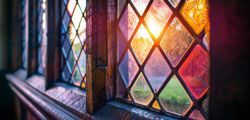 The leaded glass windows of a Tudor Craftsman house, reflecting the sunset in hues of teal and...