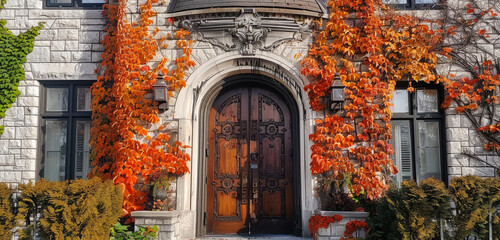 The ornate wooden door of a 1920s French provincial house in Lakewood set within a stone turret, surrounded by vibrant orange ivy - obrazy, fototapety, plakaty