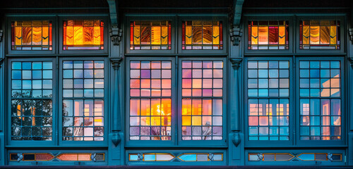 The leaded glass windows of a Tudor Craftsman house, reflecting the sunset in hues of teal and magenta, diverging from the traditional clear and colored glass - obrazy, fototapety, plakaty