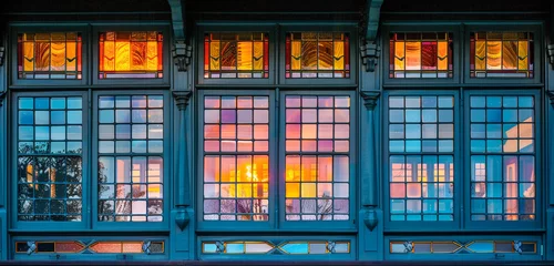 Papier Peint photo autocollant Vieil immeuble The leaded glass windows of a Tudor Craftsman house, reflecting the sunset in hues of teal and magenta, diverging from the traditional clear and colored glass