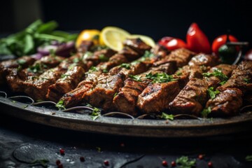 Hearty kebab on a metal tray against a ceramic mosaic background