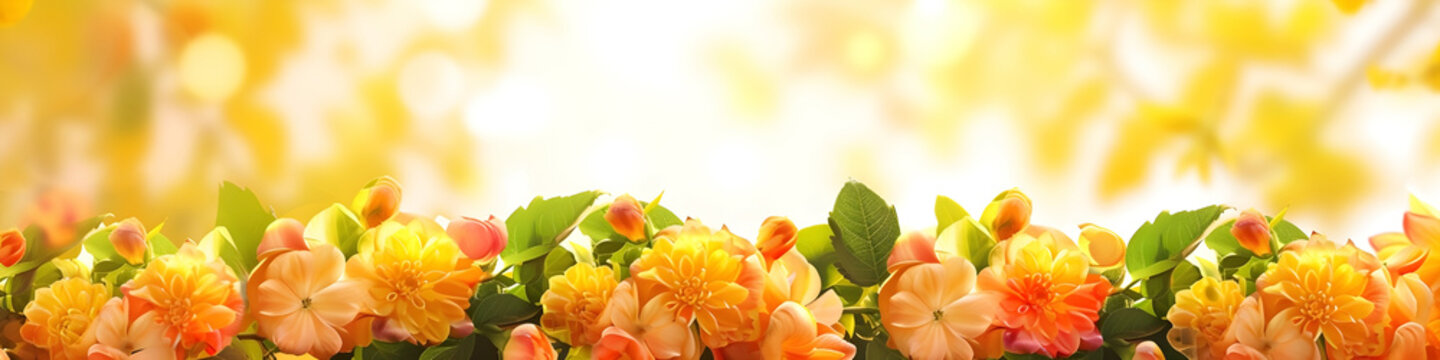 Floral Indian garland toran of marigold flowers and mango leaves on blurred background. Decoration for hindu holidays. Banner for Ugadi, Gudi Padva, Hindu New Year, Diwali, Onam Pongal with copy space