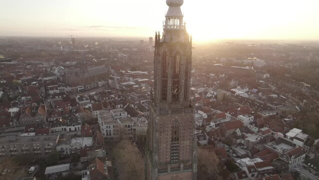 Aerial view of Amersfoort at spring season with the Lieve Vrouwe Tower, The Netherlands, Town Skylin