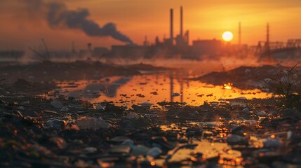 Sunrise casting its glow over a polluted landscape