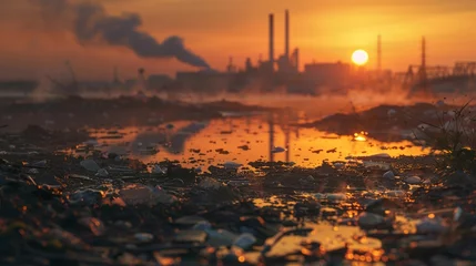 Muurstickers Sunrise casting its glow over a polluted landscape © deafebrisa