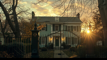 The sun sets behind a Cleveland house in Colonial Revival style, casting a golden glow on its mint...
