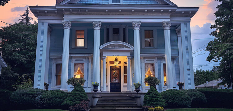 The subtle elegance of a light blue Cleveland Colonial Revival house at dusk, its white columns standing against a softly darkening sky
