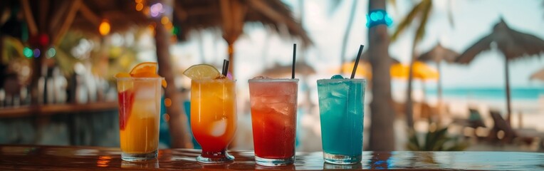Sunset Cocktails: Colorful Drinks at a Beach Bar colorful drinks, bar scene, shaken beverages, cocktails, alcoholic spirits, restaurant drinks, refreshing drinks, liqueurs, colorful syrups, mojito, mi